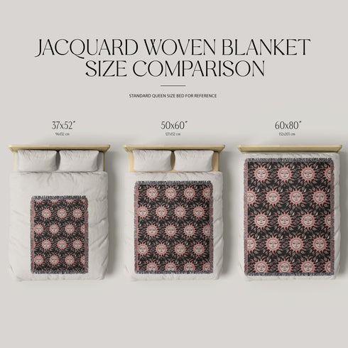 Luxurious woven cotton throw featuring dreamy blush pink sun faces with closed eyes against black background with delicate ray patterns and elegant fringe trim. Perfect celestial wall hanging, witchy bedroom decor, or dark academia throw blanket.